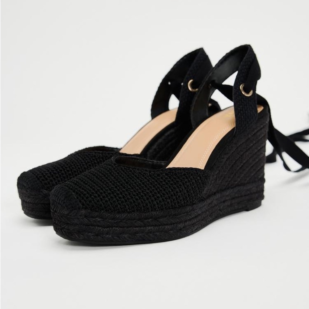 Zara lace up crochet wedge sandals